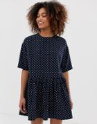 Asos Design Mini Smock Dress With Frill Waist In Polka Dot-multi