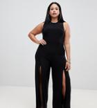 Fashionkilla Plus High Neck Jumpsuit With Front Thigh Split In Black - Black