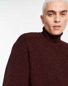 Asos Design Oversized Fisherman Rib Roll Neck Sweater In Red Twist