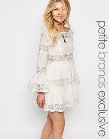 White Cove Petite All Over Lace Bell Sleeve Paneled Skater Dress - White
