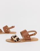 Asos Design Faye Leather Flat Sandals In Leopard-tan