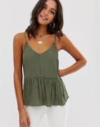 Asos Design Crinkle Cami With Lace Inserts And Ring Detail Sun Top-green