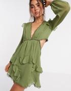 Asos Design Mini Dress With Long Sleeve And Circle Trim-green