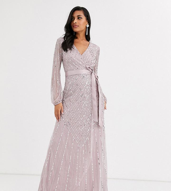 Amelia Rose Bridesmaid Maxi Wrap Dress With Scattered Embellishment In Taupe-pink