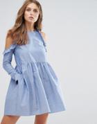 Nobody's Child Cold Shoulder Smock Dress With Ruffle Trim In Chambray - Blue