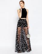 Asos Sheer Maxi Skirt With Flocked Flowers - Black