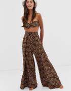 Monki Wide Leg Beach Pants In Brown Leopard