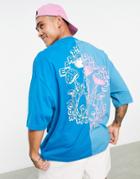 Asos Design Oversized T-shirt In Blue Color Block With Back Print