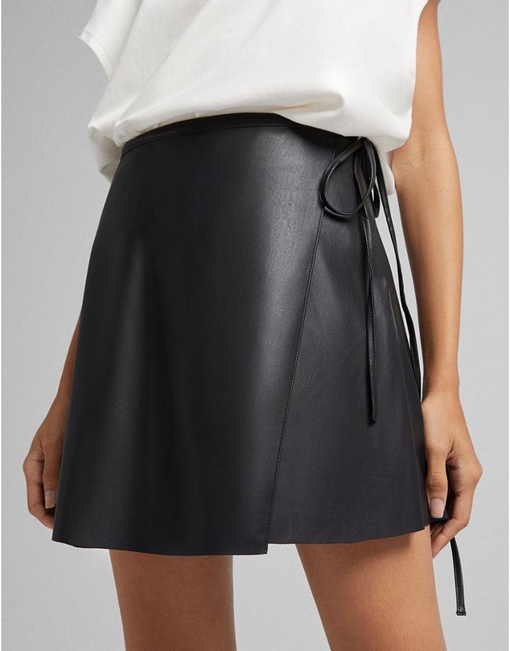 Bershka Faux Leather Skater Skirt With Wrap Around Detail In Black