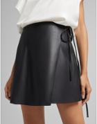 Bershka Faux Leather Skater Skirt With Wrap Around Detail In Black