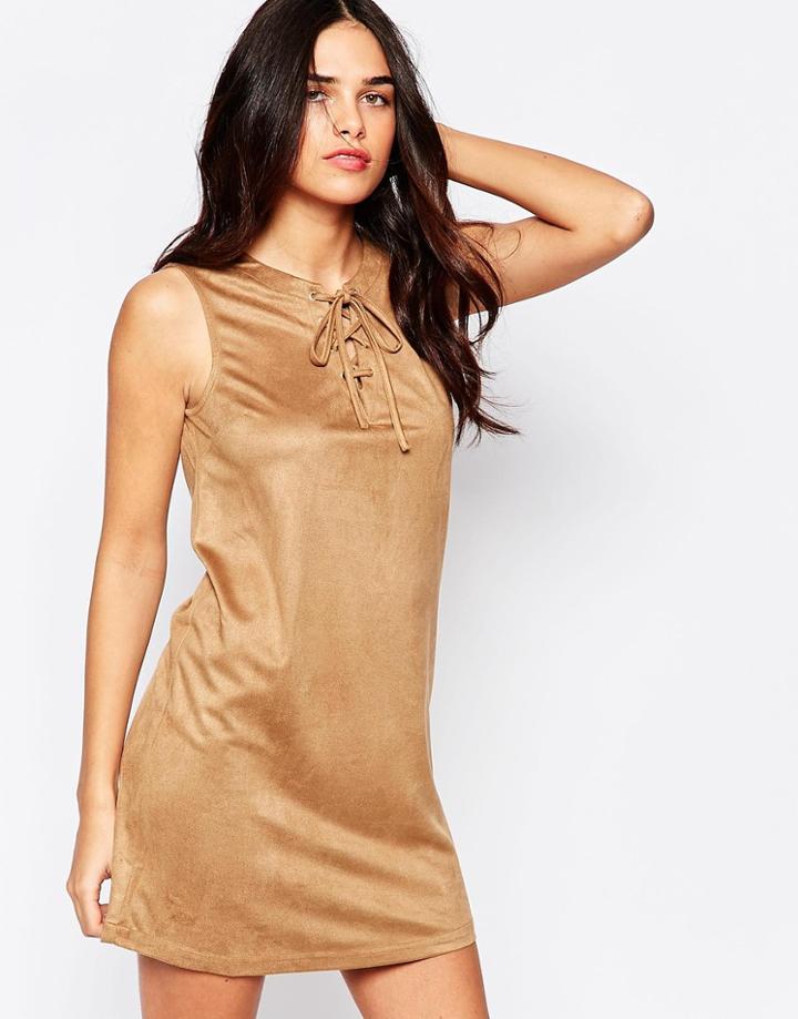 Influence Lace Up Front Suede Shift Dress - Camel