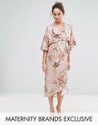 Hope & Ivy Maternity Bird Print Wrap Kimono Midi Dress - Gray