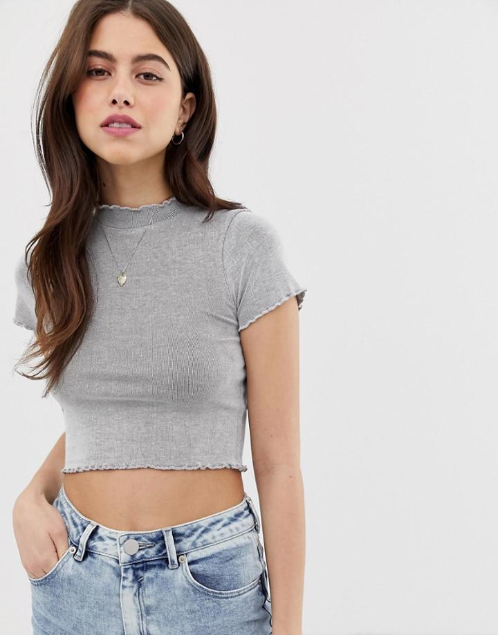 Asos Design Slim Crop T-shirt With High Neck With Lettuce Hem In Gray-white