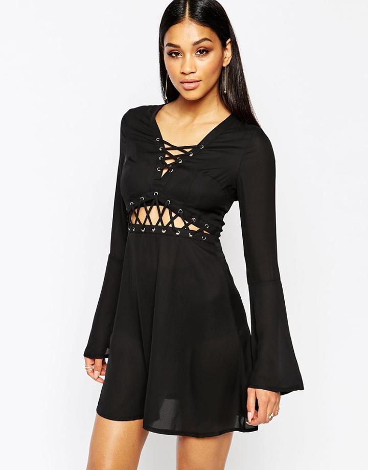 Missguided Eyelet Lace Up Detail Skater Dress - Black