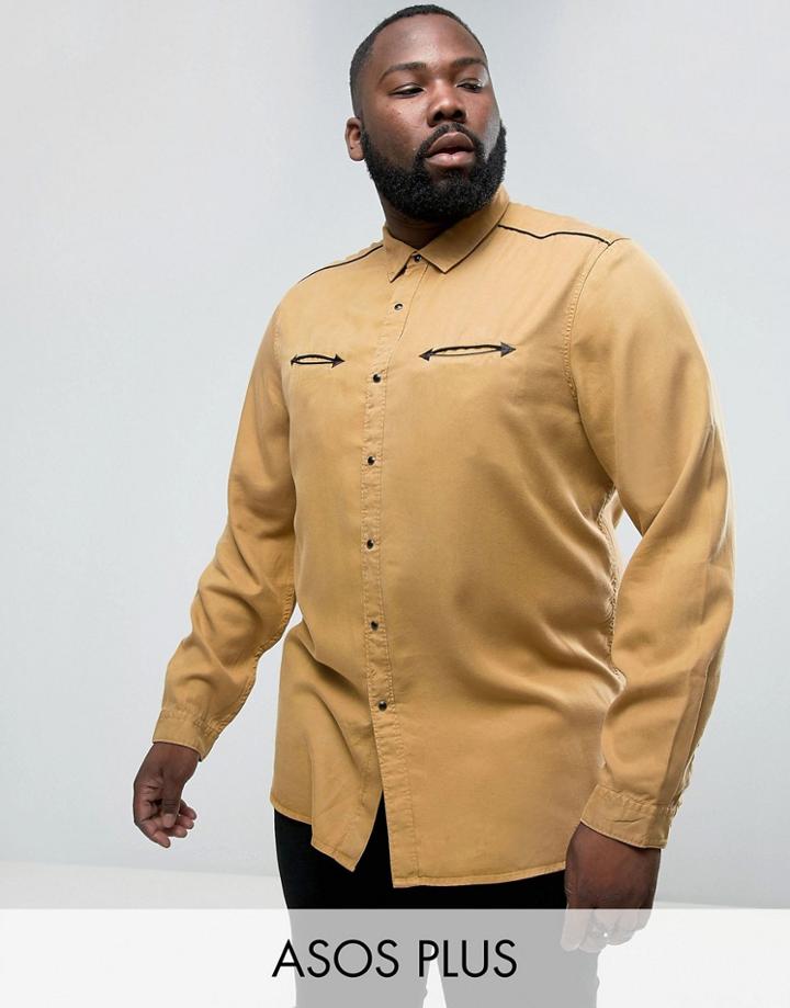 Asos Plus Regular Fit Viscose Shirt With Western Pockets In Mustard - Green
