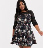 Simply Be Floral Skater Dress With Lace Detail-black