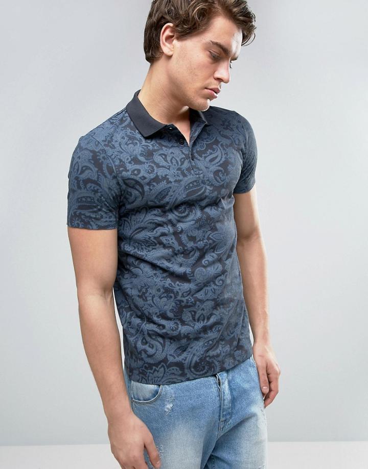 Asos Polo Shirt With All Over Tonal Paisley Print - Blue