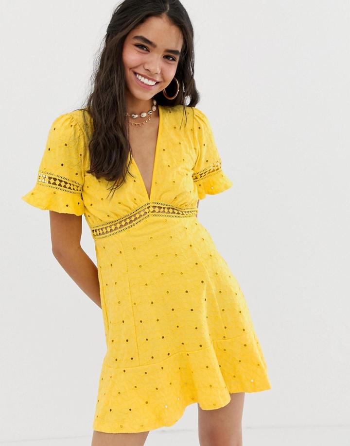Asos Design Broderie Tea Dress With Woven Ladder Trim-yellow