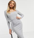 Miss Selfridge Petite Knot Front Ribbed Midi Dress In Gray-grey