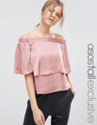 Asos Tall Off Shoulder Top In Satin With Ruffle - Pink