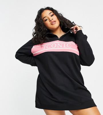 Threadbare Curve Slogan Half Zip Sweater Dress In Black