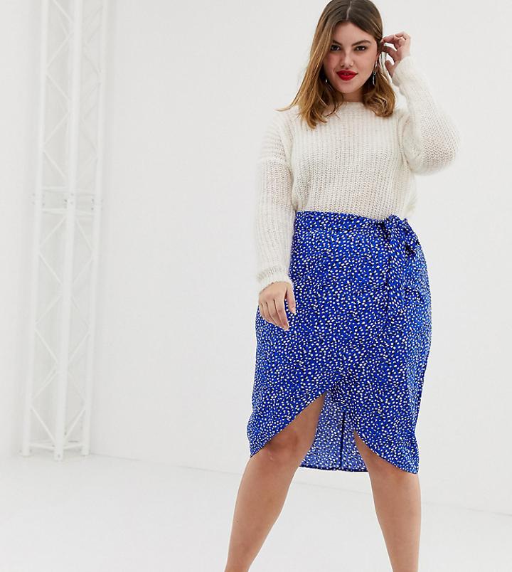 Influence Plus Wrap Over Skirt With Belt In Splodge Print - Blue
