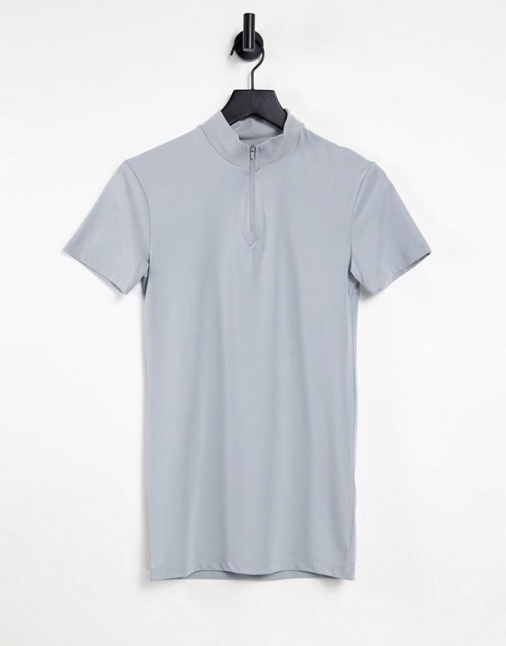 Asos Design Muscle Fit T-shirt In Gray With Half Zip-grey