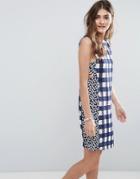 Asos Mini Dress In Gingham Mixed Print With Tab Side Detail - Multi