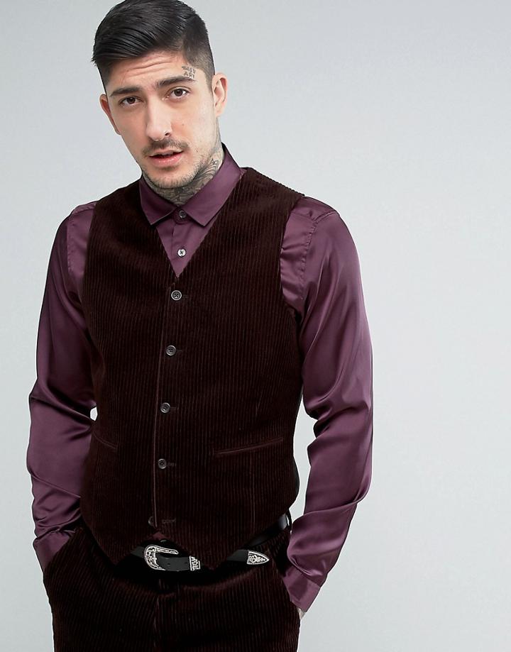 Asos Slim Suit Vest In Chocolate Brown Chunky Cord - Red