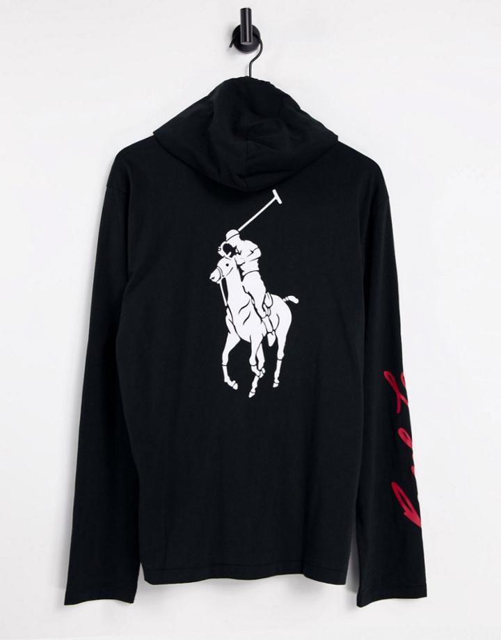 Polo Ralph Lauren Back And Arm Logo Hooded Long Sleeve Top In Polo Black