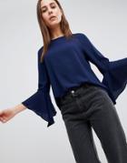 Brave Soul Madrid Top With Fluted Sleeves - Navy