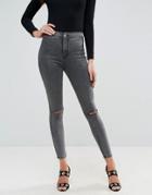 Asos Rivington High Waisted Denim Jegging In Acid Wash Black With Two Ripped Knees - Black