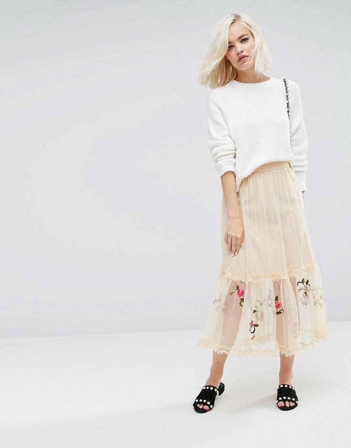 Lost Ink Midi Skirt In Mesh With Embriodery - Pink