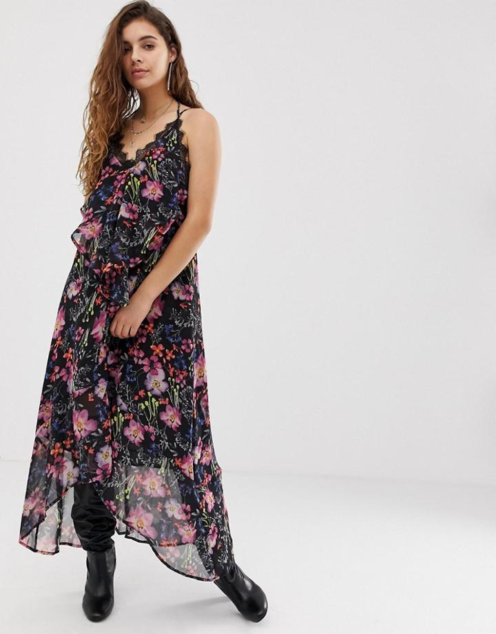 Religion Cami Midi Dress With Sheer Floral Layer - Black