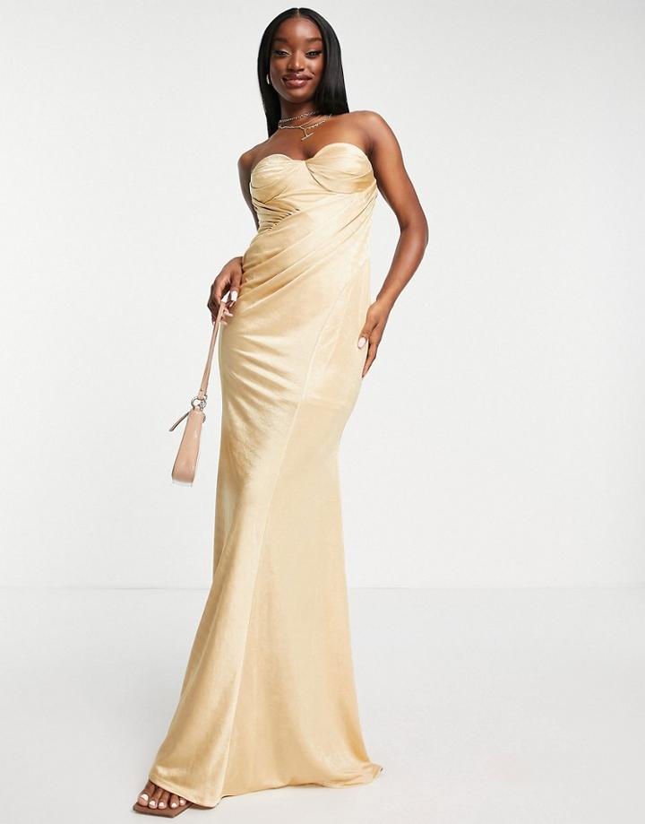 Asos Design Bandeau Tuck Drape Maxi Dress In Champagne-gold