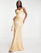 Asos Design Bandeau Tuck Drape Maxi Dress In Champagne-gold
