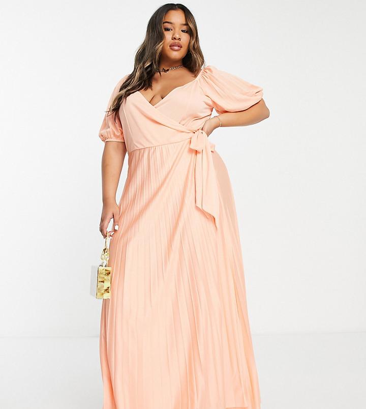 Asos Design Curve Recycled Polyester Puff Sleeve Gathered Front Maxi Dress In Apricot-orange
