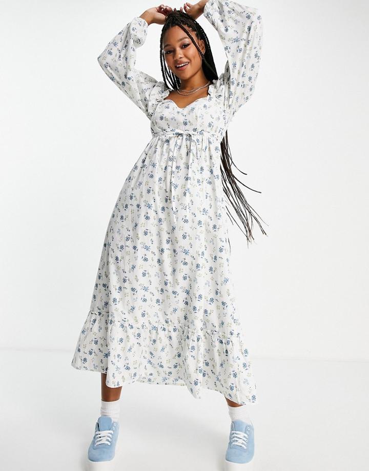 Miss Selfridge Milkmaid Midi Dress In Blue Floral-white