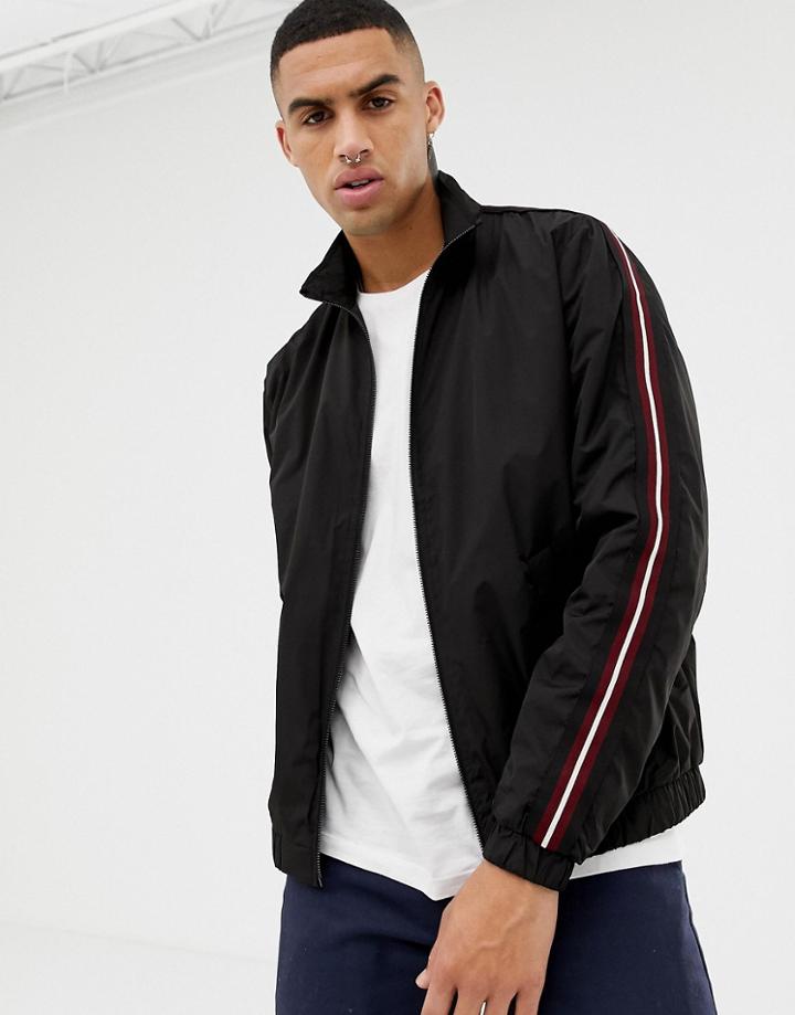 Bershka Windbreaker In Black With Red Side Stripe - Black