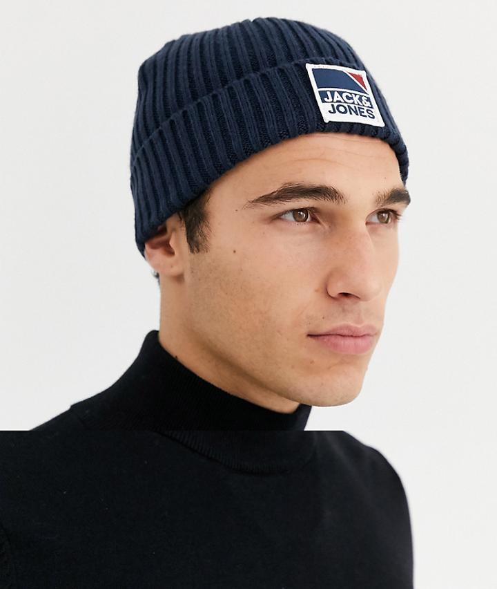 Jack & Jones Ribbed Beanie With Logo In Navy