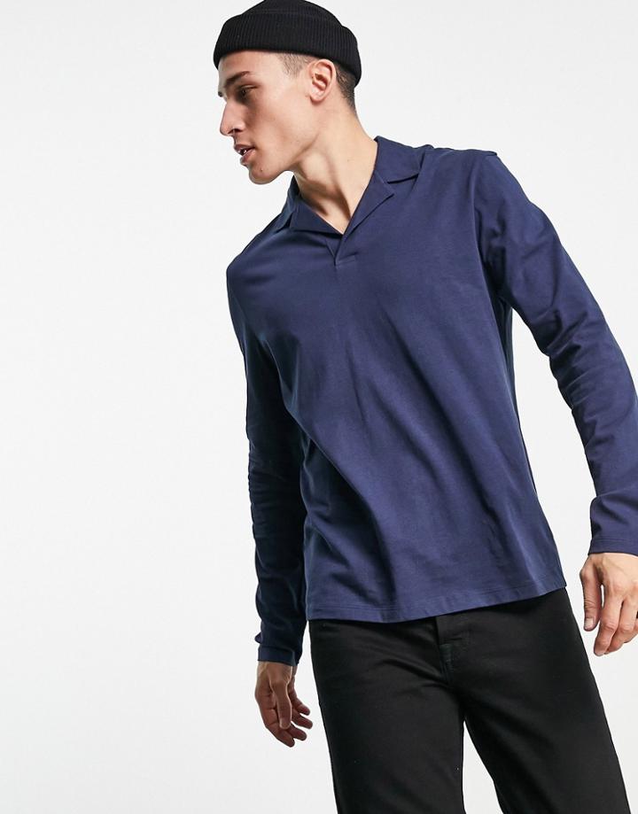 Asos Design Long Sleeve Revere Polo In Navy