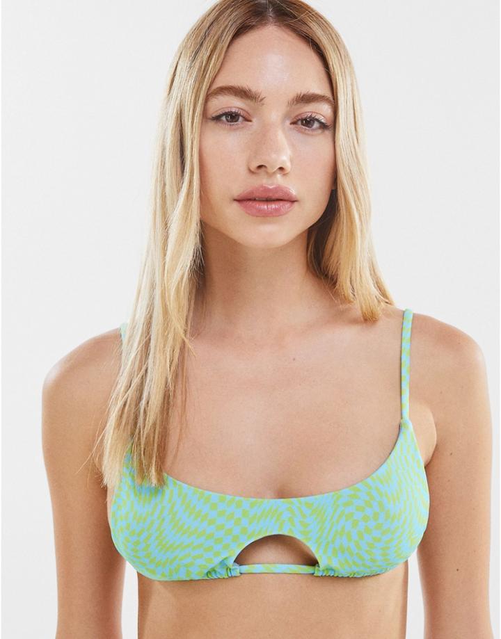 Bershka Geometric Bikini Top With Cut Out In Green