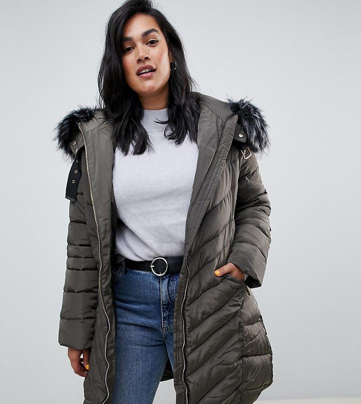 Lovedrobe Long Quilted Coat With Faux Fur Trim - Green