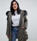 Lovedrobe Long Quilted Coat With Faux Fur Trim - Green