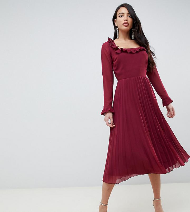 Asos Design Tall Pleated Ruffle Square Neck Midi Dress-red