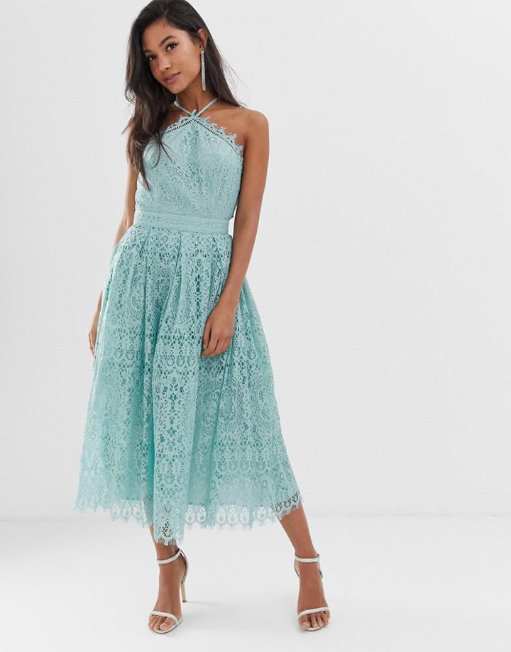 Asos Design Lace Midi Dress With Pinny Bodice-blue