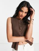 Topshop Sleeveless Ribbed Button Tank In Chocolate-brown