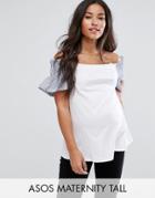 Asos Maternity Tall T-shirt With Off Shoulder & Shirring Ruffle Sleeve - White