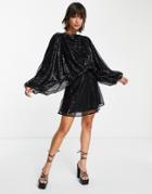 Asos Design Embellished Mini Dress With Cowl Neck And Blouson Sleeve-multi
