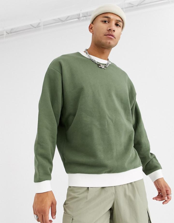 Asos Design Oversized Sweatshirt In Khaki With Off White Rib-green